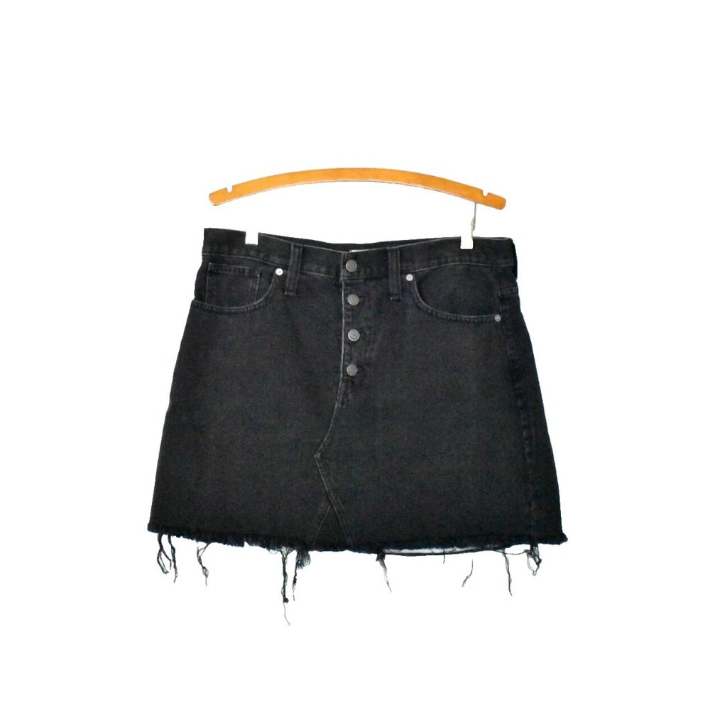 Madewell Rigid Denim Jean Mini Skirt Size 31 Black‎ Button Raw Hem Gothic Grunge